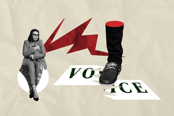 Creative image collage banner young scared sitting woman holding tablet authority strict control no...