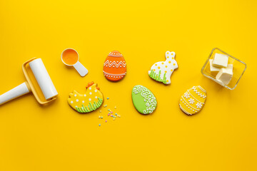 Baking holiday Easter cookies - eggs and bunny. Cooking background