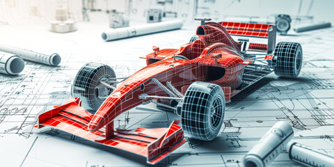 formula 1 car under construction on blueprints, building projects - obrazy, fototapety, plakaty