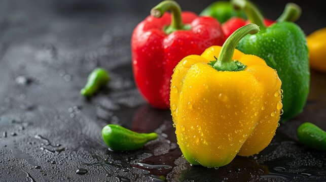 Colorful bell peppers with water drops   fresh green, red, and yellow vegetables backdrop.