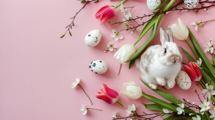 Happy Easter Holiday background with cute bunny, spring branches and tulip flowers.