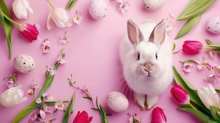 Happy Easter Holiday background with cute bunny, spring branches and tulip flowers.