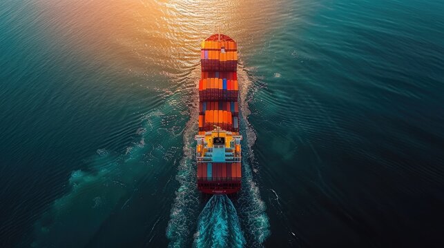 cargo ship crossing the ocean aerial view