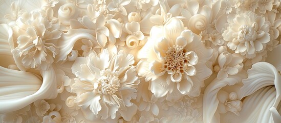 A detailed view of a wall adorned with beautiful flowers in ivory and alabaster hues, creating an elegant and serene atmosphere.