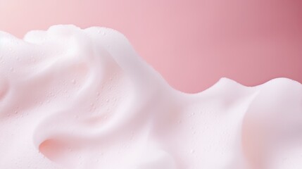 Foaming liquid on pink backdrop. Cosmetics foam background with copy space in right side. Cosmetic product sample of mousse, shampoo or soap. Skincare, cosmetology and beauty concept