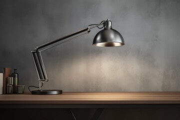 A classic desk lamp casting a focused light on a wooden table in a dark room.