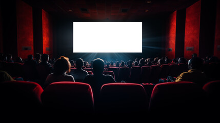 Movie theater screen with audience. Movie theater auditorium with screen and red seats. Leisure entertainment movies and people concept