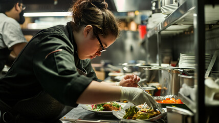 Social adaptation and support, Inclusion and diversity and equal opportunities in society, a chef prepares dishes in a cafe kitchen