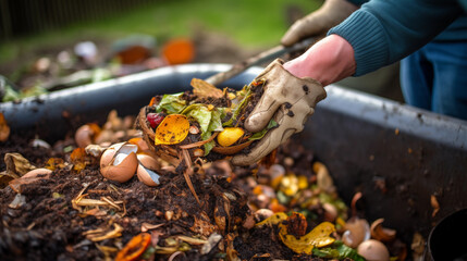 Close up hand making compost with rotting food scraps for gardening hobby, making natural fertilizer for plants. Organic matter and soil. Environmentally friendly