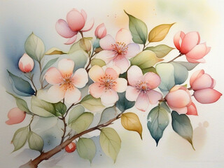 A beautifully crafted watercolor painting showcasing vibrant flowers on a branch.