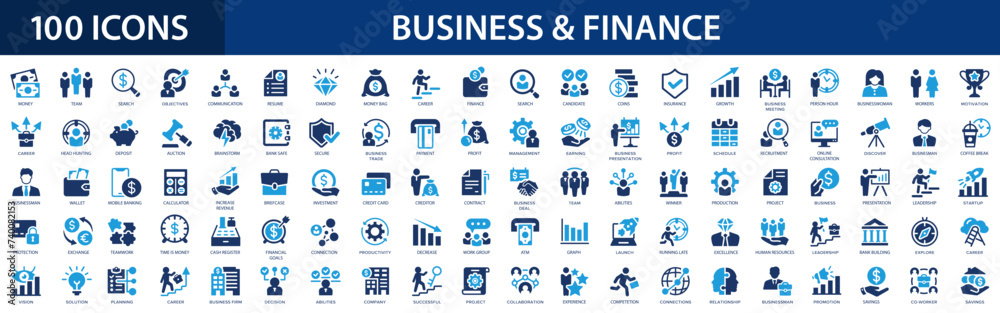 Wall mural business and finance flat icons set. meeting, bank, money, partnership, payments, business team, wal