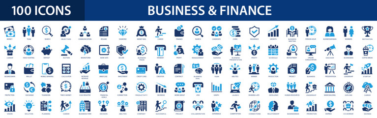 Business and finance flat icons set. Meeting, bank, money, partnership, payments, business team, wallet, profit, company, management, planning icons and more signs. Flat icon collection. - obrazy, fototapety, plakaty