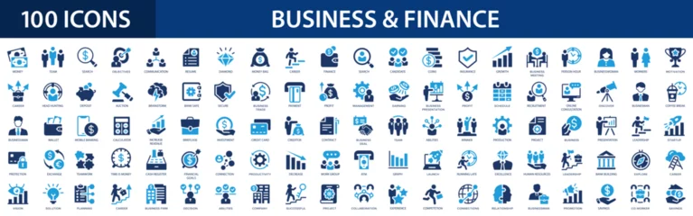 Foto op Plexiglas Business and finance flat icons set. Meeting, bank, money, partnership, payments, business team, wallet, profit, company, management, planning icons and more signs. Flat icon collection. © LineSolution 
