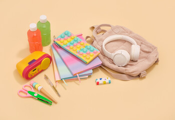 Back to school. Collection of colorful school supplies. Education and stationery set.