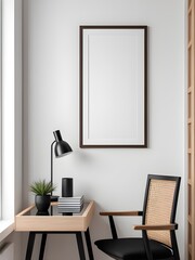 Mockup poster frame on the wall, a minimalist home office
