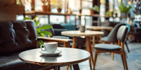 Fototapeta na wymiar Cozy Coffee Shop Interior with Morning Light. Warm sunlight in through a cozy coffee shop, steaming cup of coffee, wooden table, soft sofa chairs.