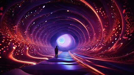 Person exploring an alien red and blue tunnel