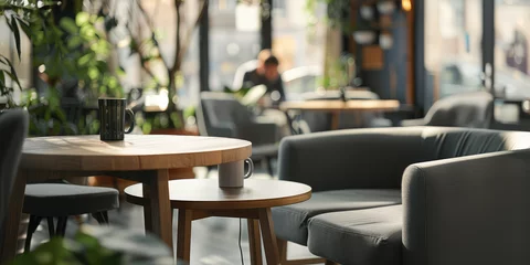Foto op Plexiglas Cozy Coffee Shop Interior with Morning Light. Warm sunlight in through a cozy coffee shop, steaming cup of coffee, wooden table, soft sofa chairs. © IndigoElf