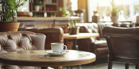 Cozy Coffee Shop Interior with Morning Light. Warm sunlight in through a cozy coffee shop, steaming cup of coffee, wooden table, soft sofa chairs. - obrazy, fototapety, plakaty