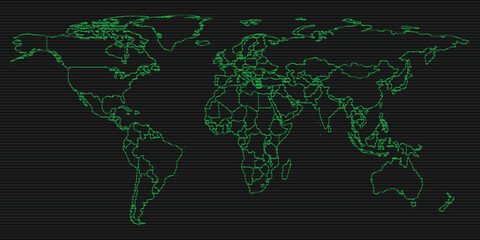 Vintage green and black pixelated World Map outline illustration - 740082961