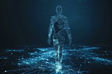 Fototapeta premium Digital wireframe of a human figure walking on a blue network grid.