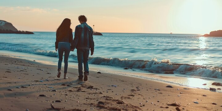 couple in love walks along the beach Generative AI