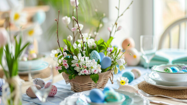 Easter composition with pastel colored Easter eggs and festive decoration on light background