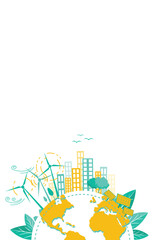 Green energy and clean environment background. Globe earth, wind turbines and solar panels design elements Sustainable Eco Friendly Ecology and Green Alternative Energy Concept Vector Illustration