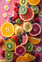 Fresh fruits and berries on pink background, top view