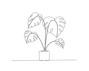 Continuous one line drawing of monstera plant. Philodendron Monstera in a pot single outline vector illustration. Editable stroke.