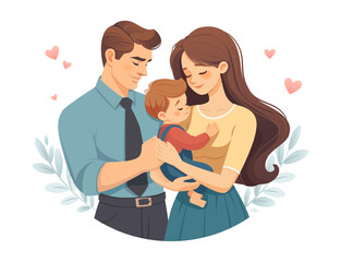 Vector cartoon style illustration. Family concept. Mother and father with child together. Mother holding kid.