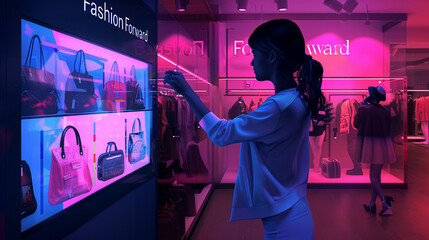 a woman standing in front of a display of purses