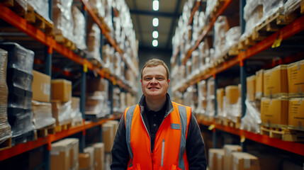Fototapeta premium Portrait of an employee with Down syndrome, in a finished goods warehouse, inventory and delivery management, inclusion and diversity highlighting the importance of equal opportunity
