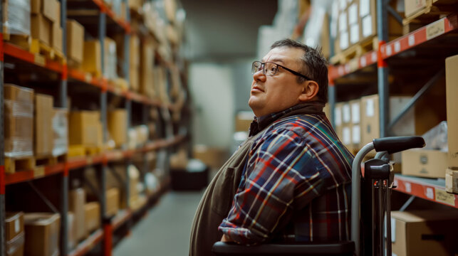 A worker in a wheelchair in a finished goods warehouse inspects product shelves, manages inventory and delivery, inclusion and diversity, emphasizing the importance of equal opportunity