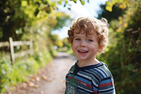 Portrait of a cute little boy with curly hair in the garden