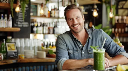 Poster Handsome smiling man with a green smoothie cocktail sitting at a table in a cafe, healthy eating and diet © Jasmina