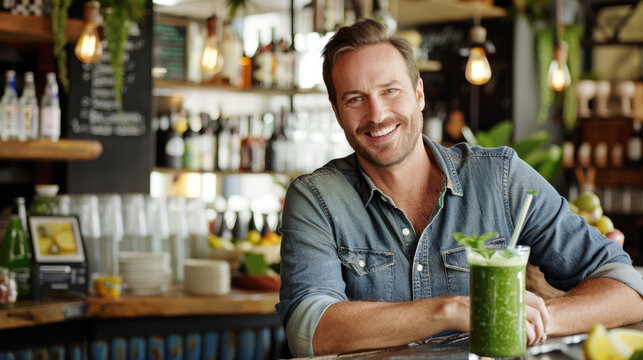 Handsome smiling man with a green smoothie cocktail sitting at a table in a cafe, healthy eating and diet