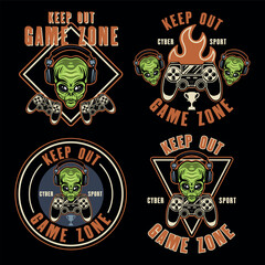 Keep out game zone set of vector emblems, signs or stickers with alien head in headphones and gamepad in colored style on dark background