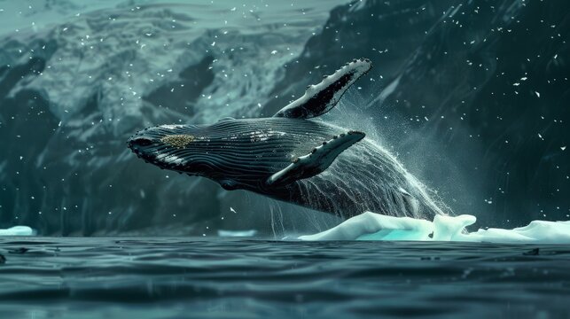 whale swims in the water, jumps out of the water against the background of ice. Background with the image of cart animals for advertising travel, scuba diving, desktop wallpaper.