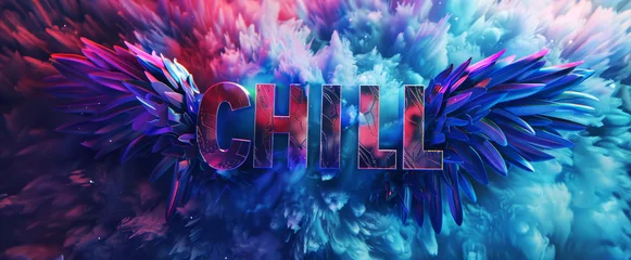 Fotobehang Inscriptions of the word  "chill" on abstract background. Template for a card, poster, banner, T-shirt print, pin, badge, patch. © mshynkarchuk