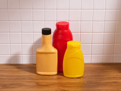 Flavorful sauces for food. Mustard and ketchup, lunch or dinner.