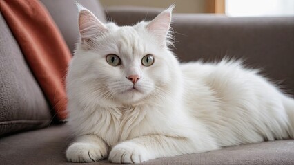 Obraz premium White siberian cat lying on sofa at home