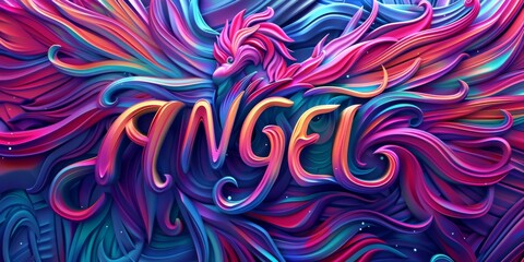 Text "Angel" Glowing, stylized angel wings on a absrtract background Pair of angel or bird wings art background.