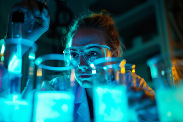 A female scientist researcher conducting tests and experiments in the laboratory with bioluminescent fluids. Science research concept