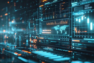 High-tech digital server room with world map data visualization.