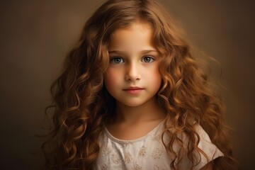 Portrait of a beautiful little girl with long curly hair. Studio shot.