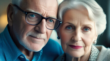 Close-up, nice elderly couple. Caring attitude and love for each other.