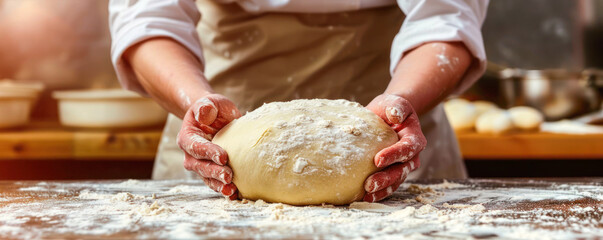 A baker kneads dough preparing it for baking fresh bread against blurred bakery background.	
