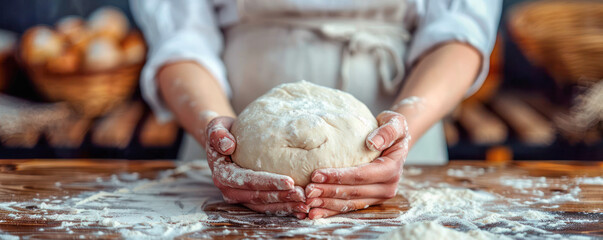 A baker kneads dough preparing it for baking fresh bread against blurred bakery background. 