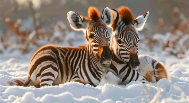 pair of zebras in the snow footage